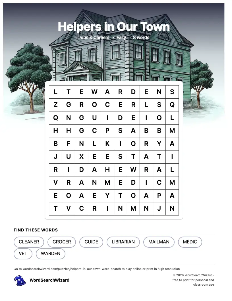 Helpers in Our Town word search printable sheet, 8 words to find