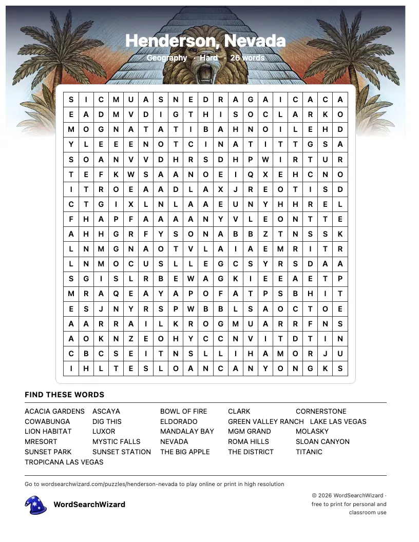 Henderson, Nevada word search printable sheet, 26 words to find
