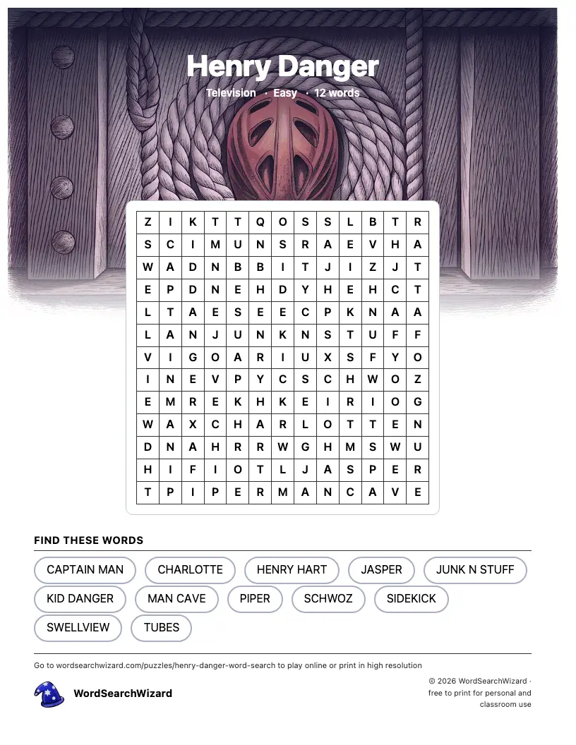 Henry Danger word search printable sheet, 12 words to find
