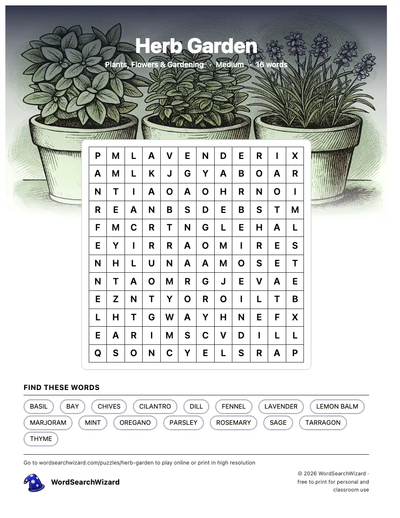 Herb Garden word search printable sheet, 16 words to find
