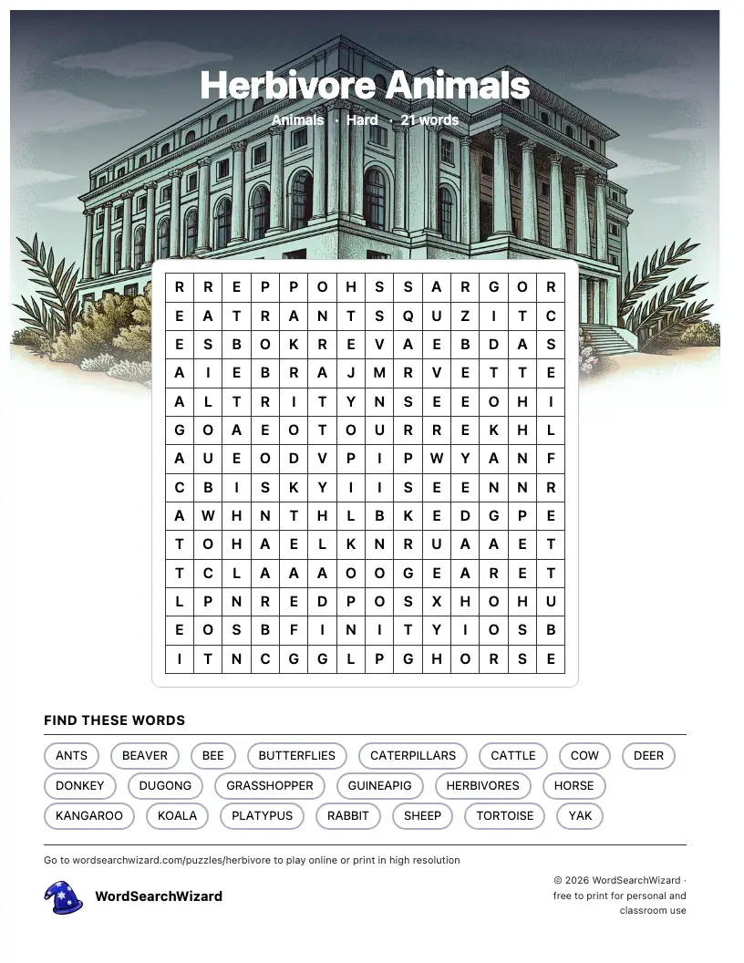 Herbivore Animals word search printable sheet, 21 words to find