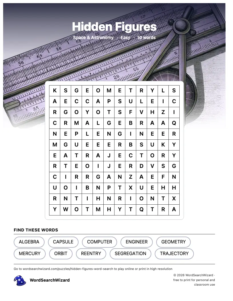 Hidden Figures word search printable sheet, 10 words to find