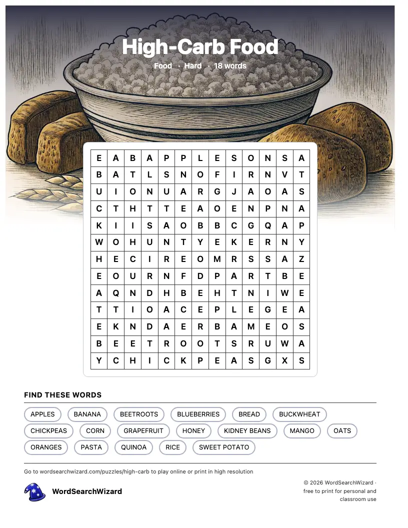 High-Carb Food word search printable sheet, 18 words to find
