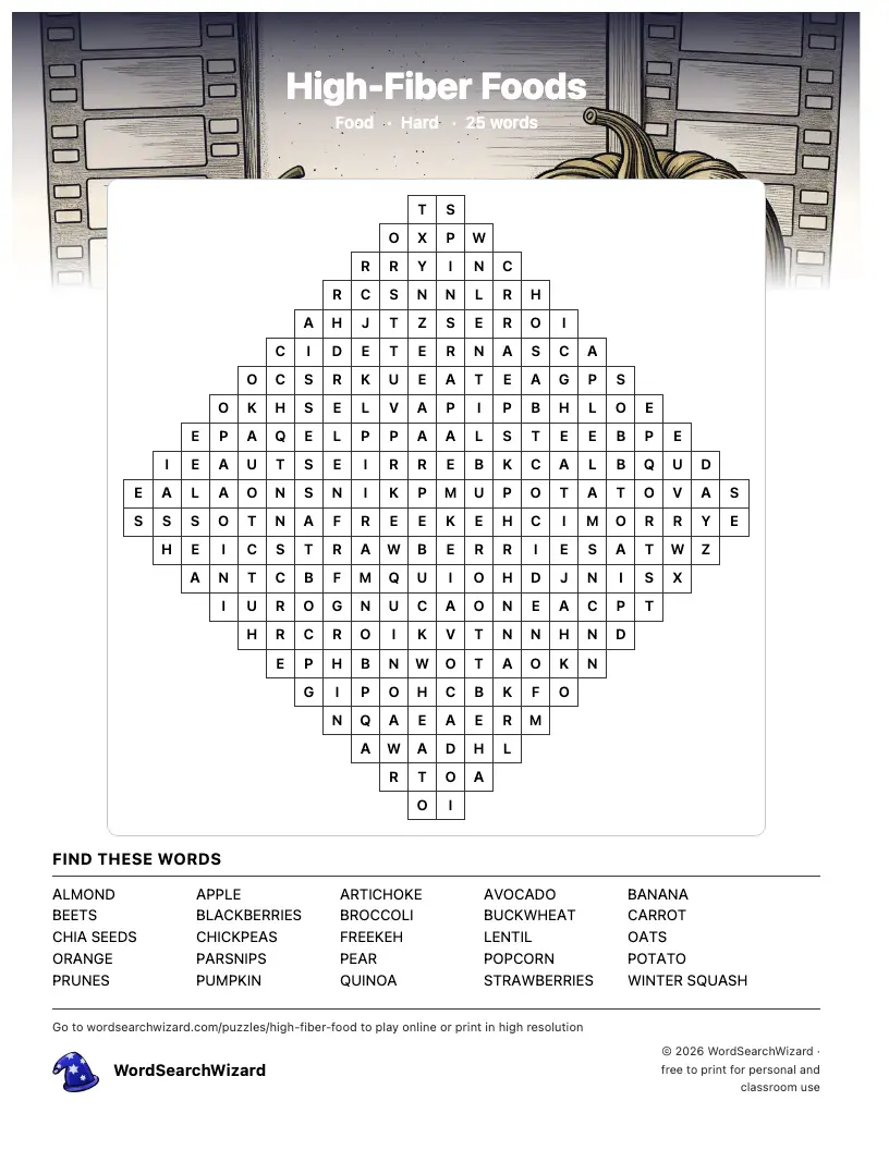 High-Fiber Foods word search printable sheet, 25 words to find