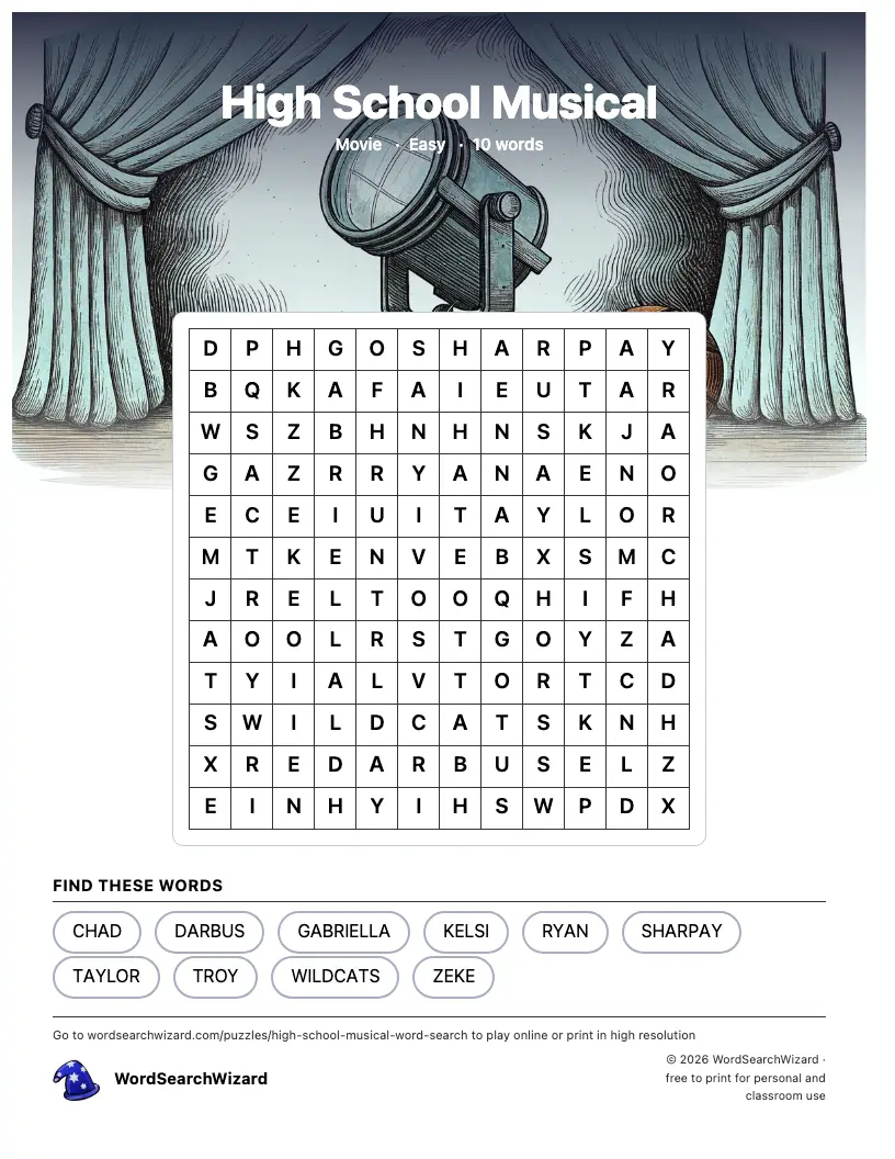 High School Musical word search printable sheet, 10 words to find