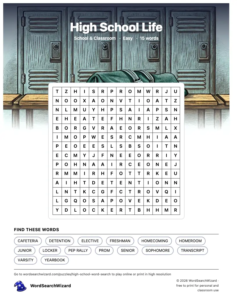 High School Life word search printable sheet, 15 words to find