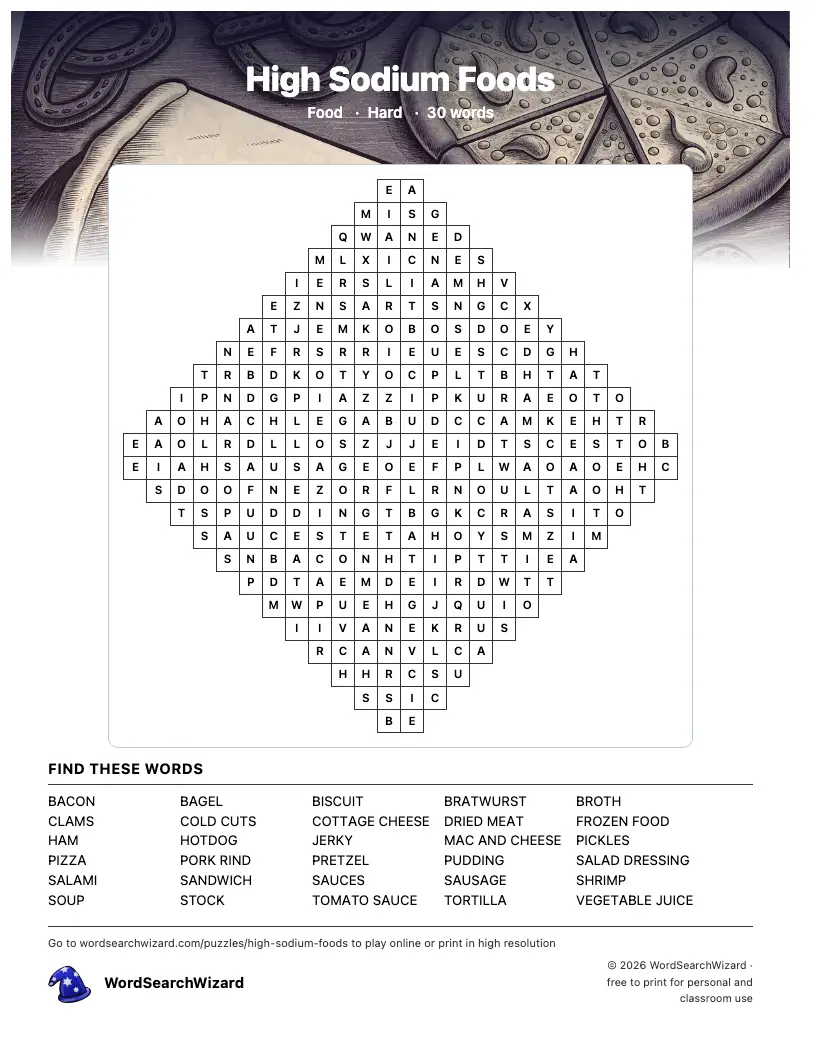 High Sodium Foods word search printable sheet, 30 words to find