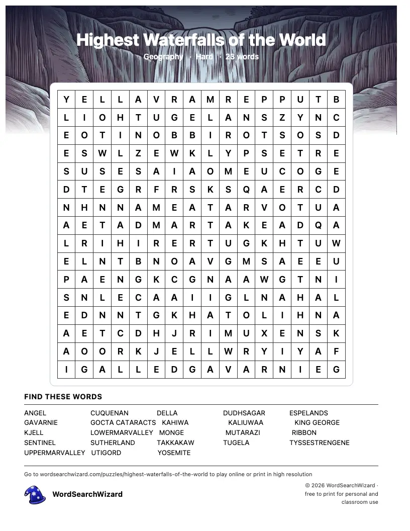 Highest Waterfalls of the World word search printable sheet, 23 words to find