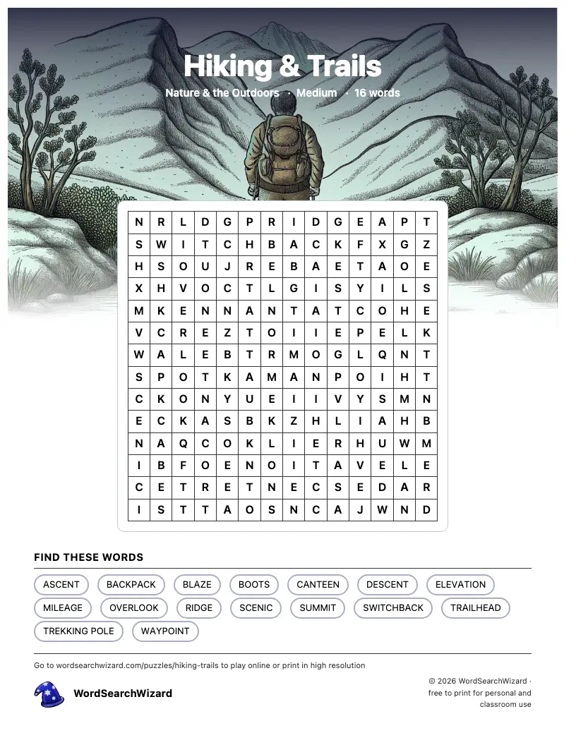 Hiking & Trails word search printable sheet, 16 words to find