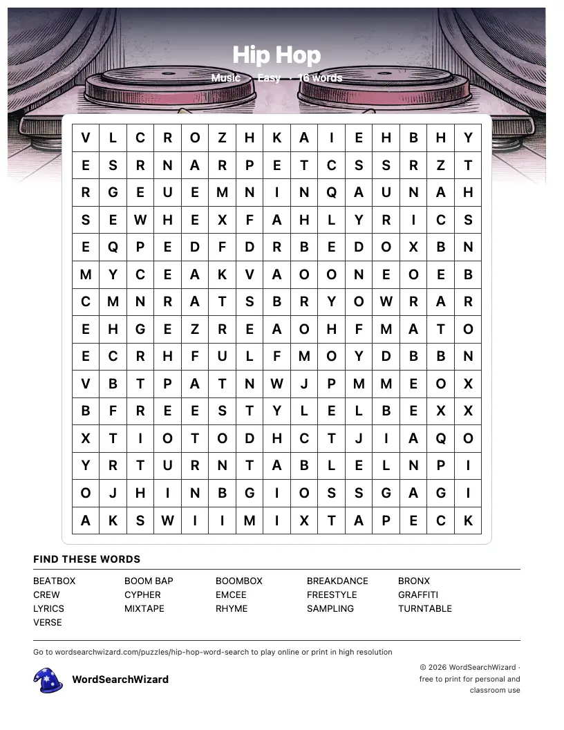 Hip Hop word search printable sheet, 16 words to find