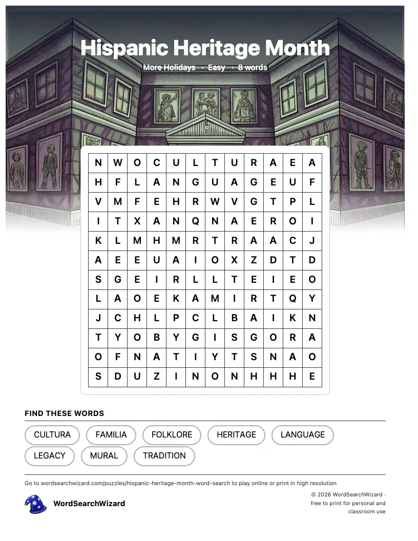 Hispanic Heritage Month word search printable sheet, 8 words to find