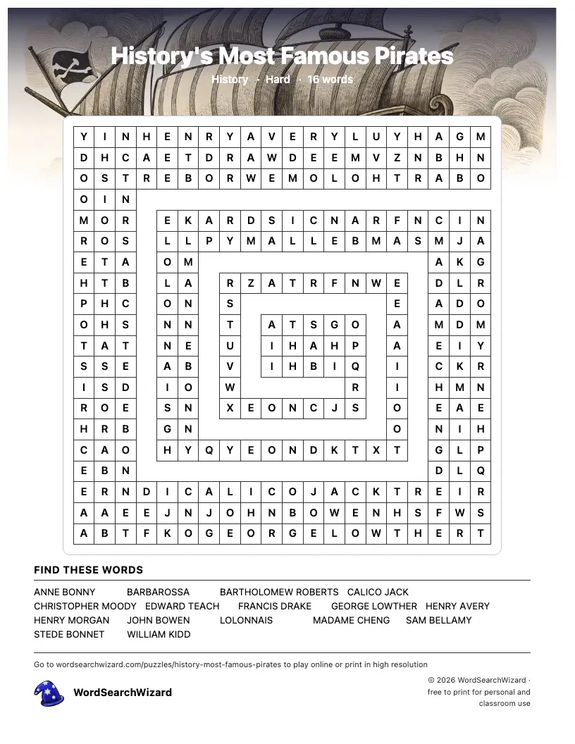 History's Most Famous Pirates word search printable sheet, 16 words to find