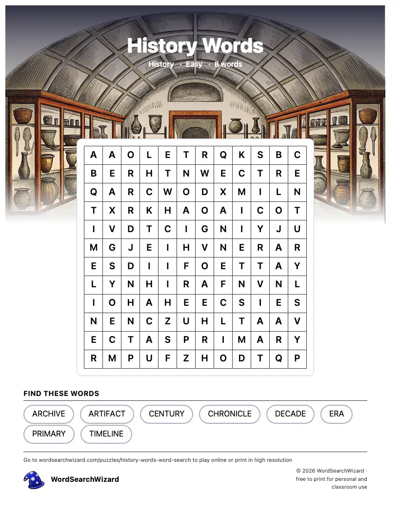 History Words word search printable sheet, 8 words to find