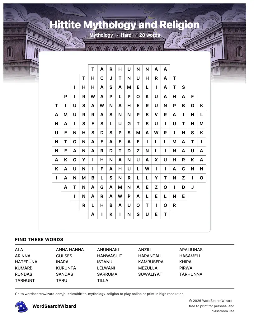 Hittite Mythology and Religion word search printable sheet, 28 words to find