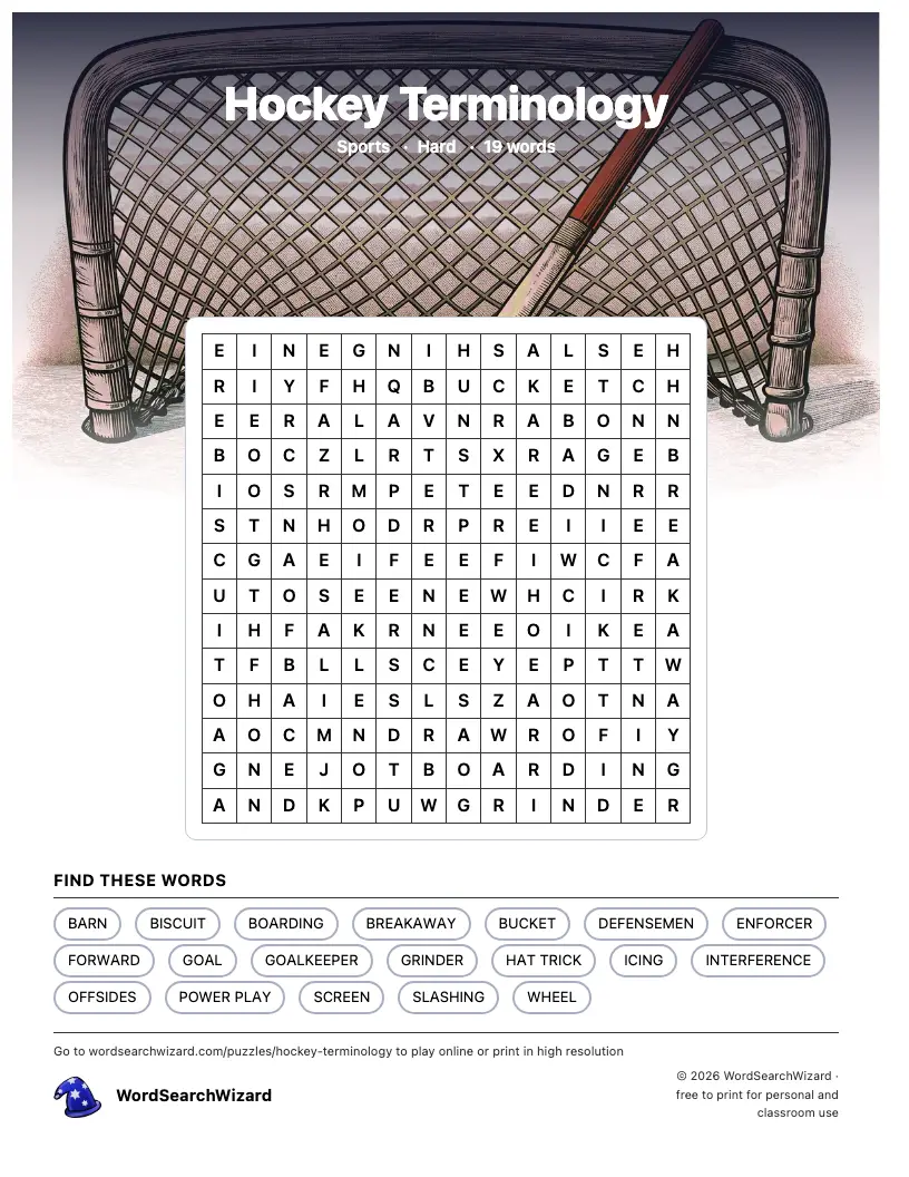 Hockey Terminology word search printable sheet, 19 words to find