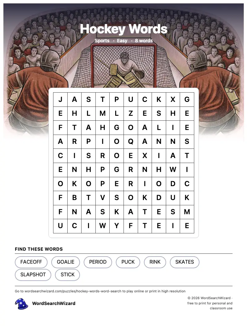 Hockey Words word search printable sheet, 8 words to find