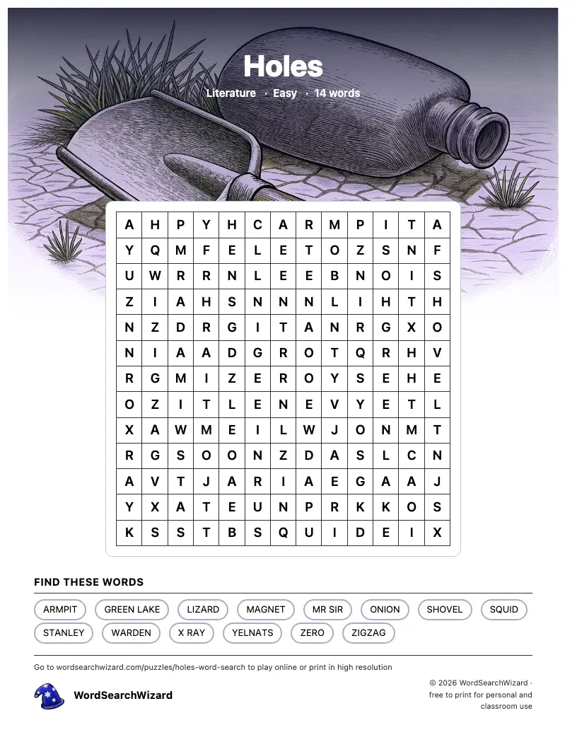 Holes word search printable sheet, 14 words to find