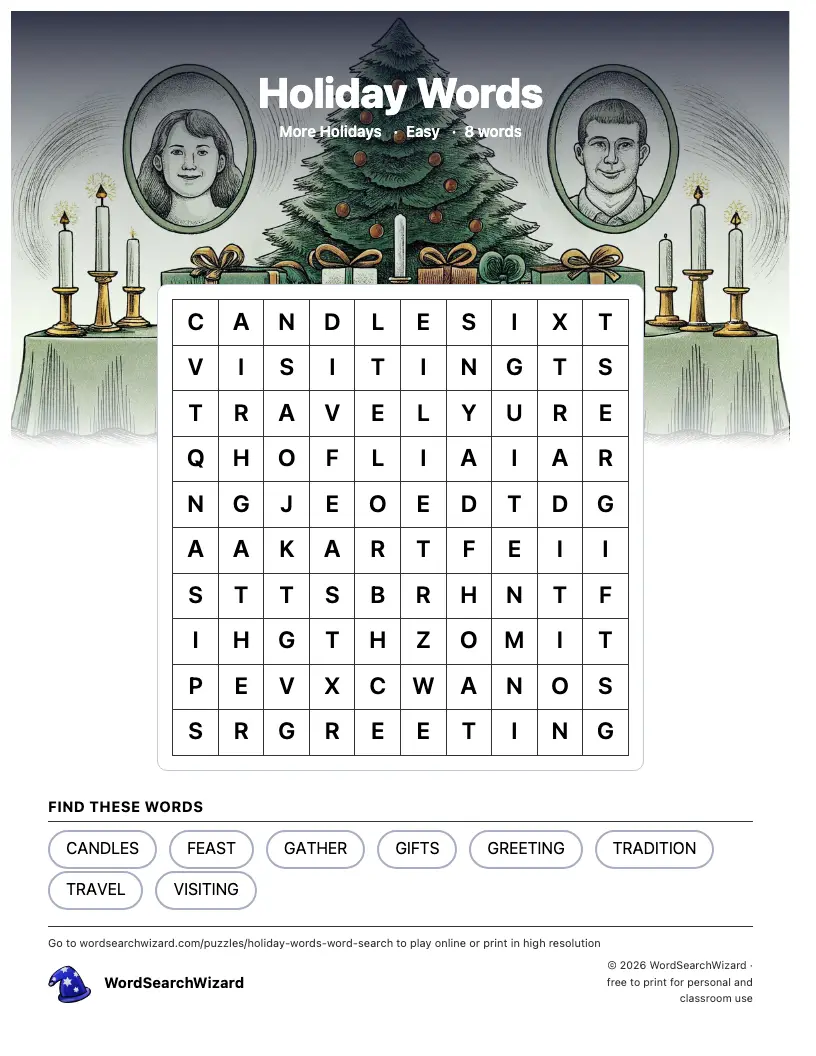 Holiday Words word search printable sheet, 8 words to find
