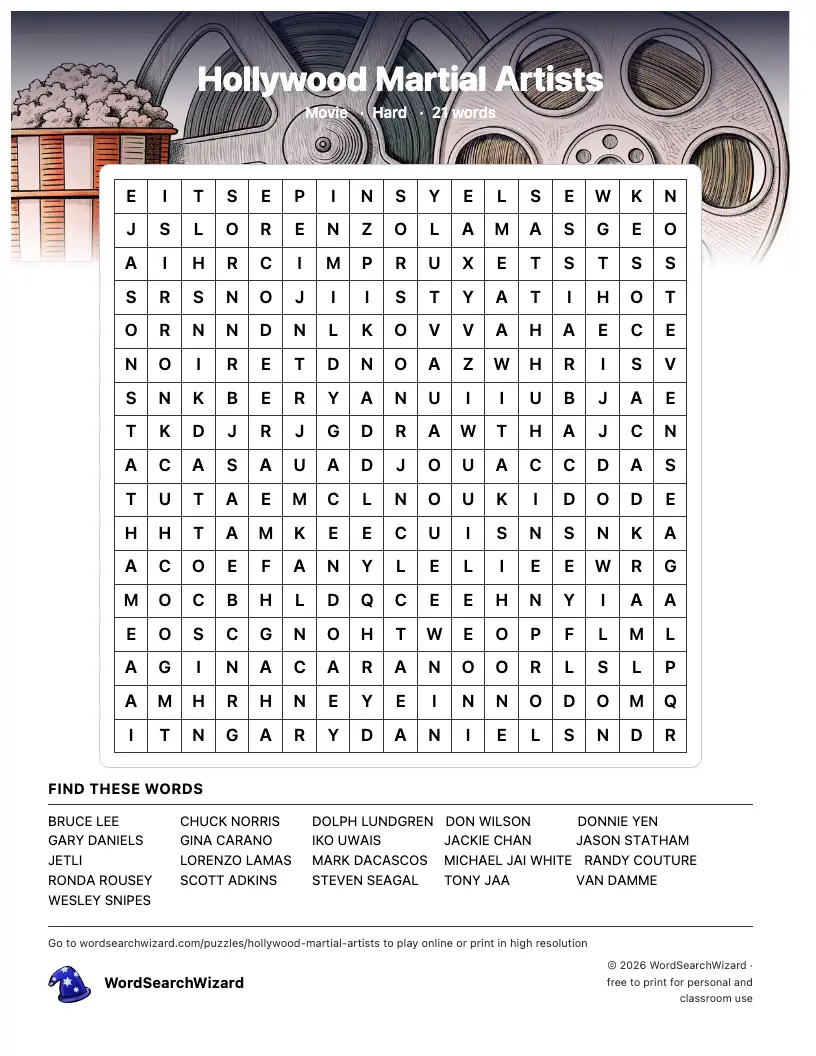 Hollywood Martial Artists word search printable sheet, 21 words to find