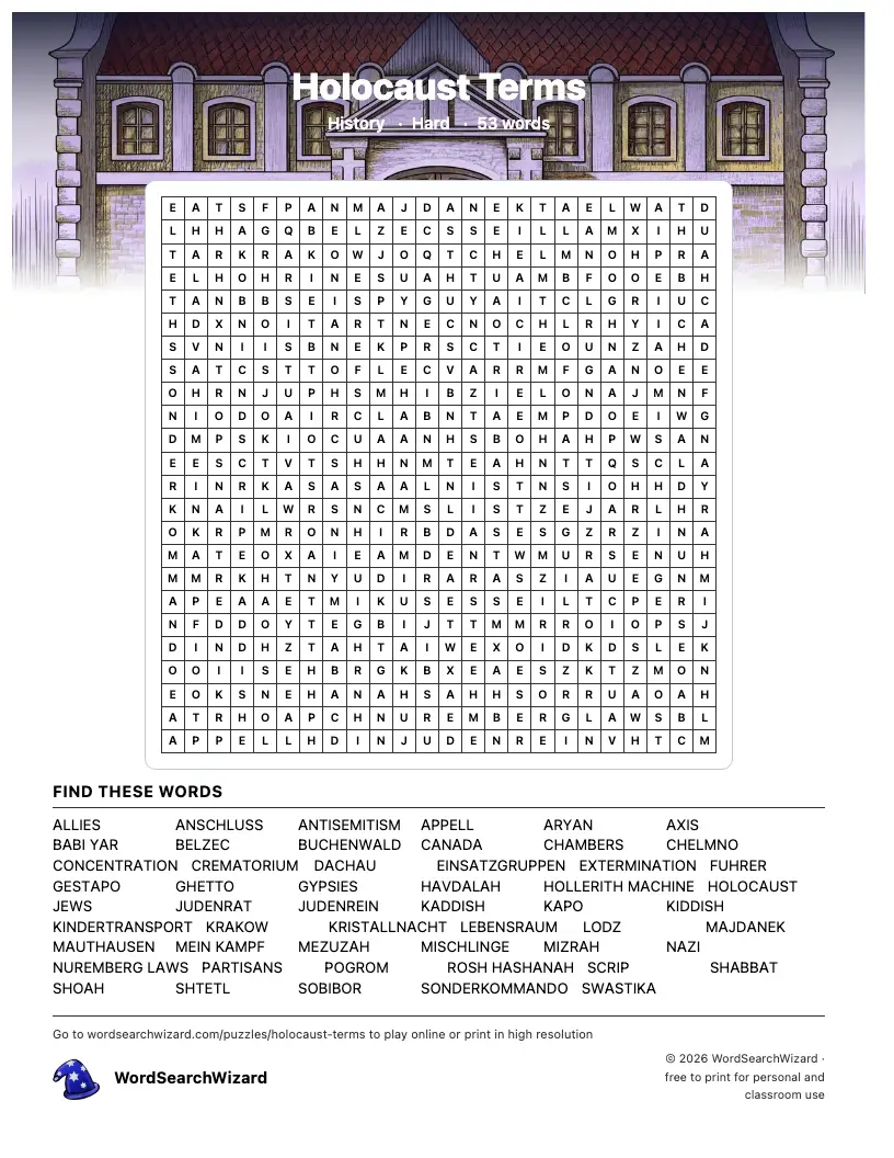 Holocaust Terms word search printable sheet, 53 words to find