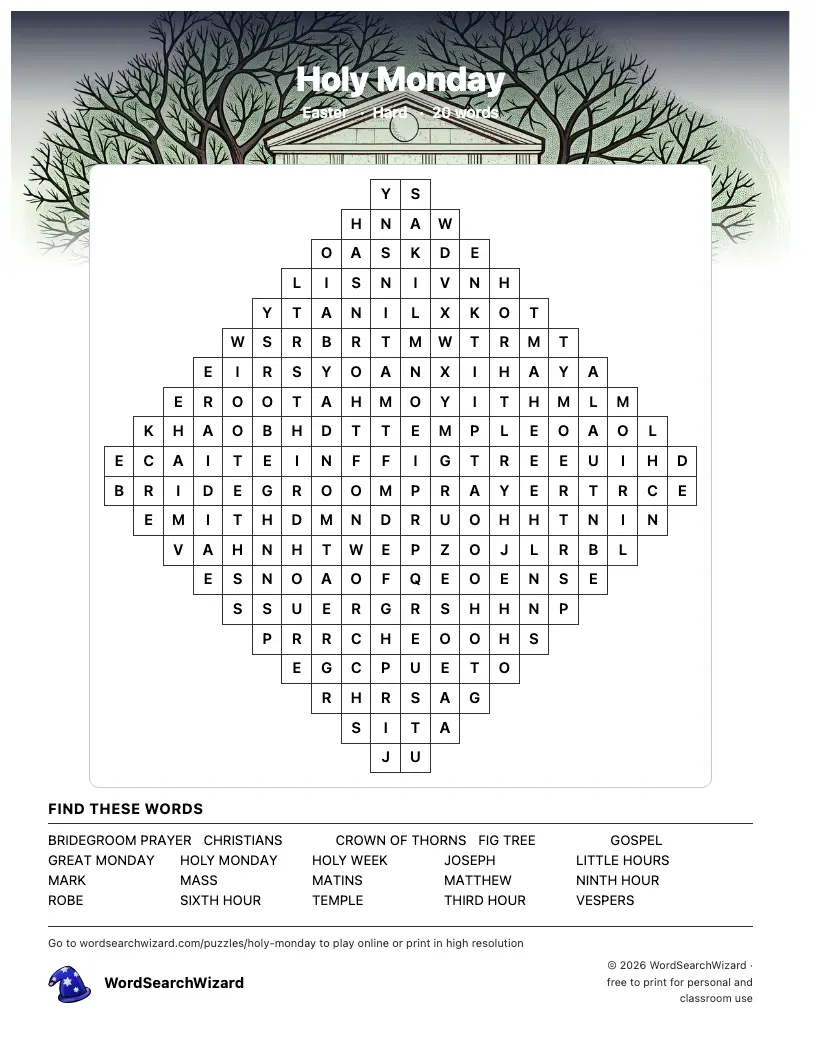 Holy Monday word search printable sheet, 20 words to find