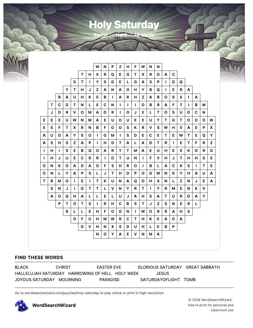 Holy Saturday word search printable sheet, 14 words to find