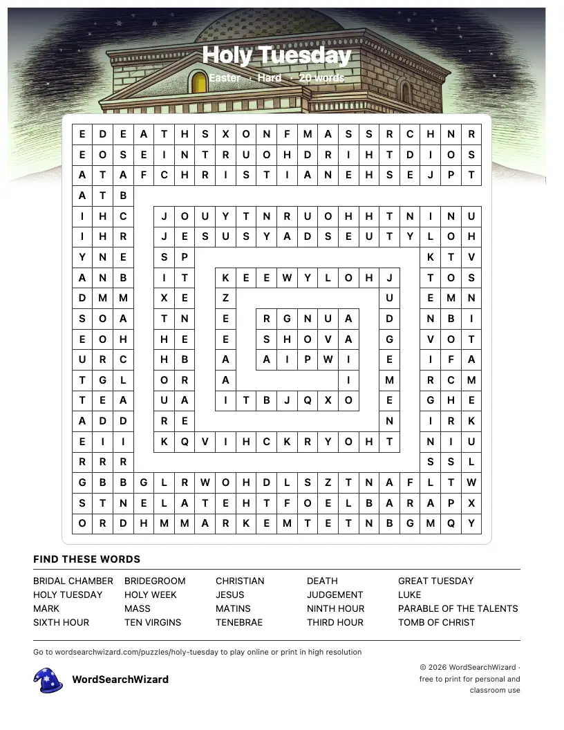 Holy Tuesday word search printable sheet, 20 words to find