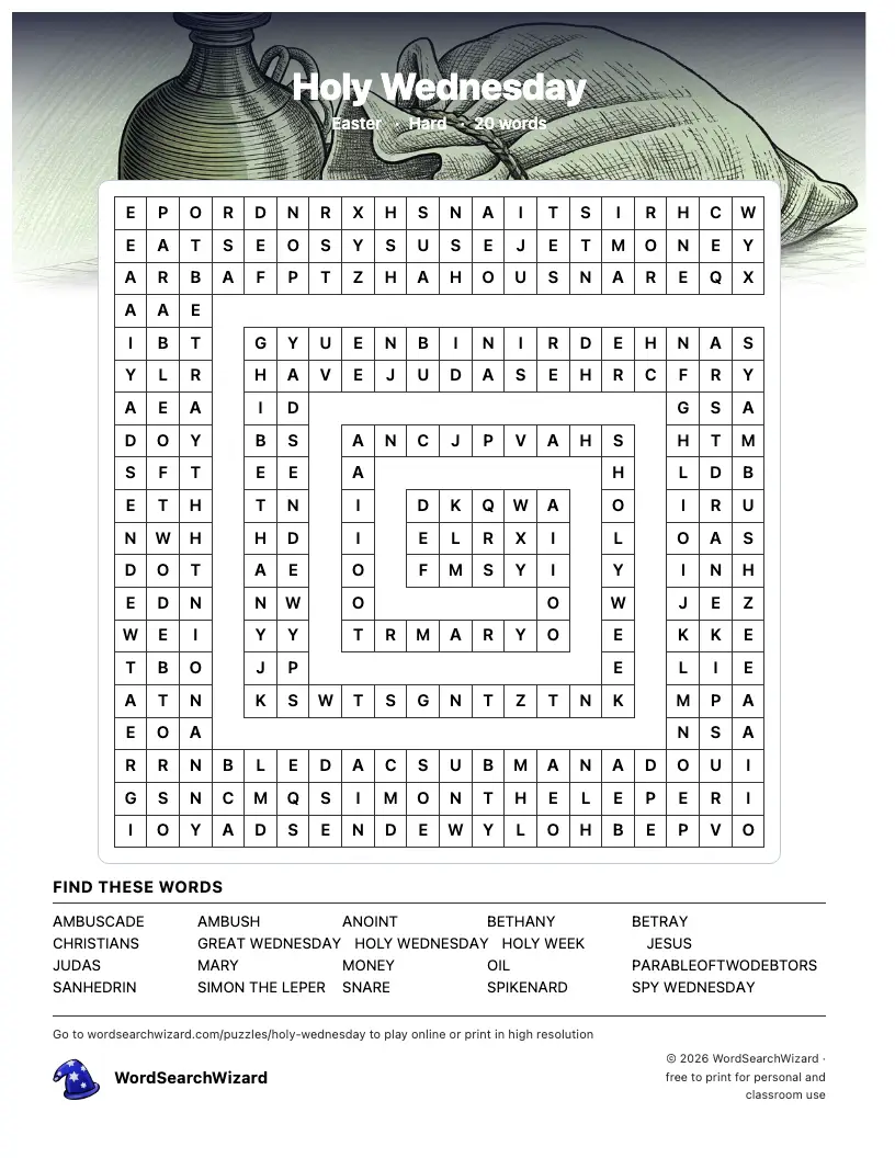Holy Wednesday word search printable sheet, 20 words to find