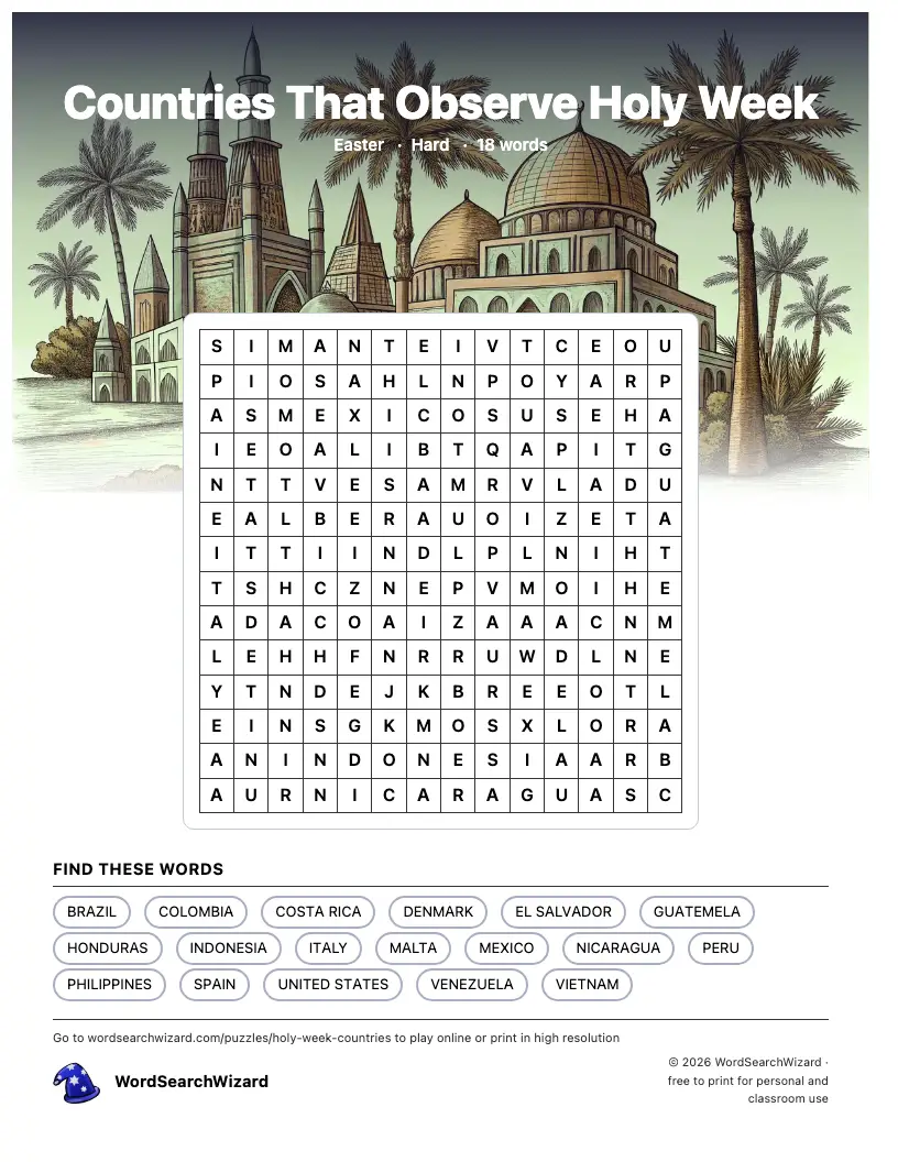 Countries That Observe Holy Week word search printable sheet, 18 words to find