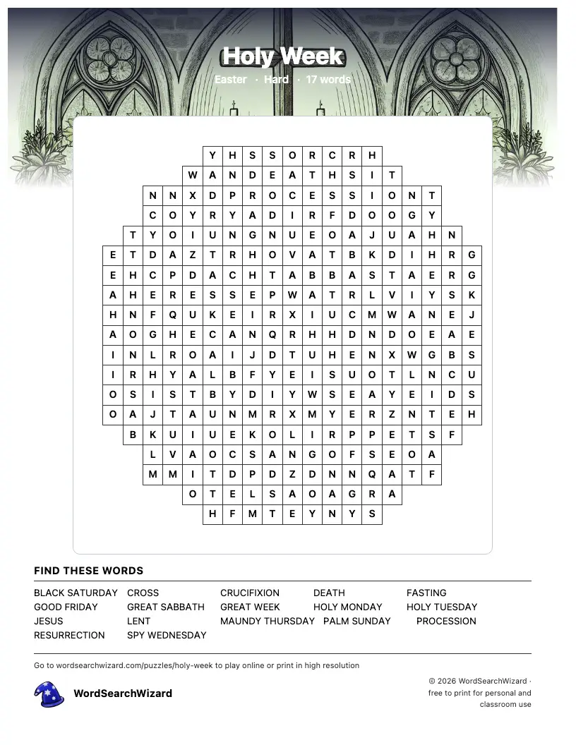Holy Week word search printable sheet, 17 words to find