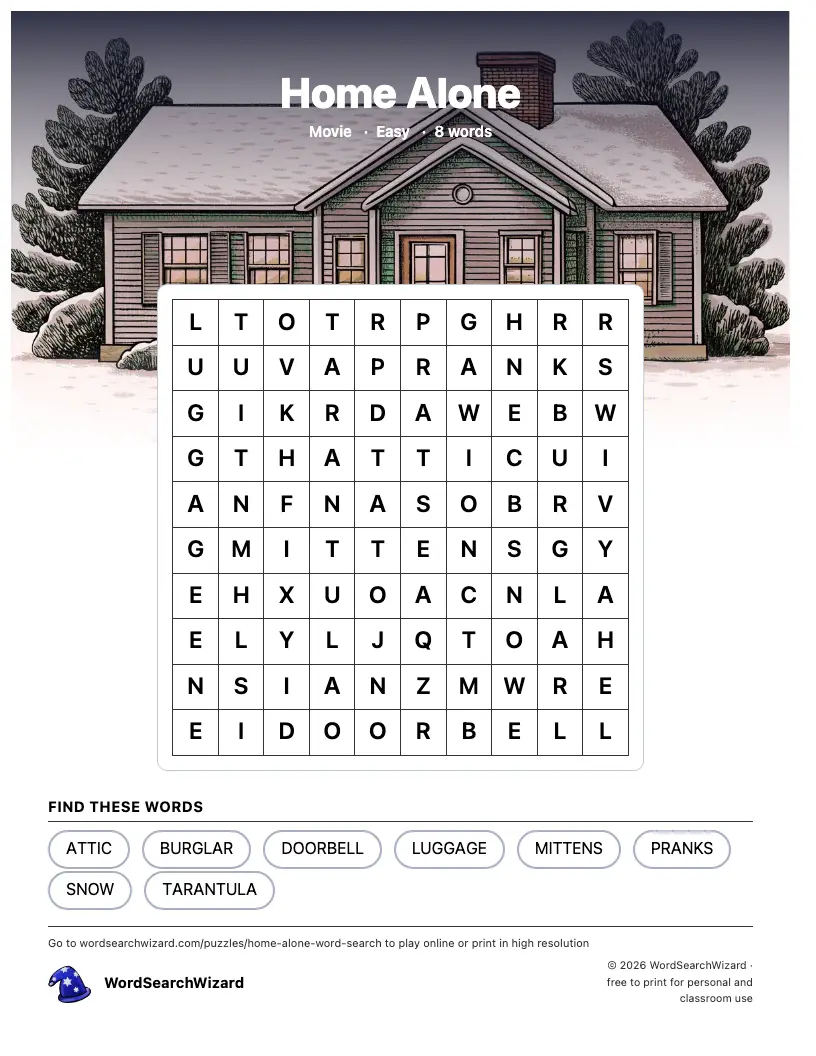 Home Alone word search printable sheet, 8 words to find