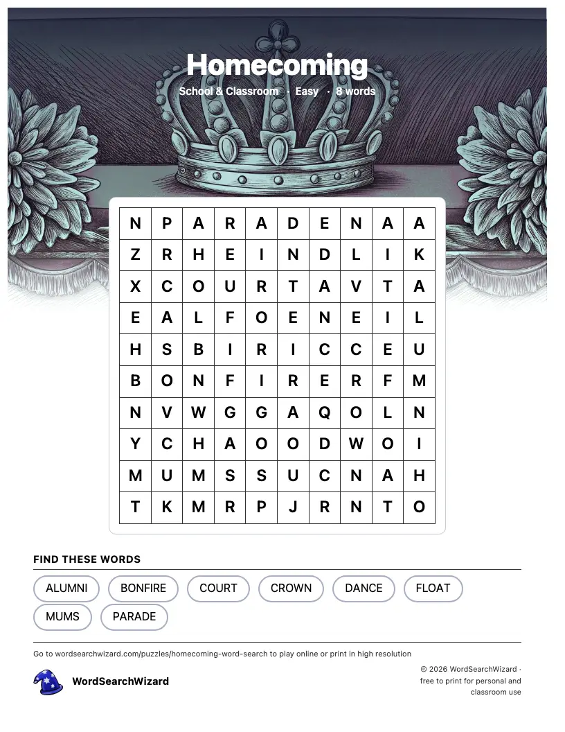 Homecoming word search printable sheet, 8 words to find