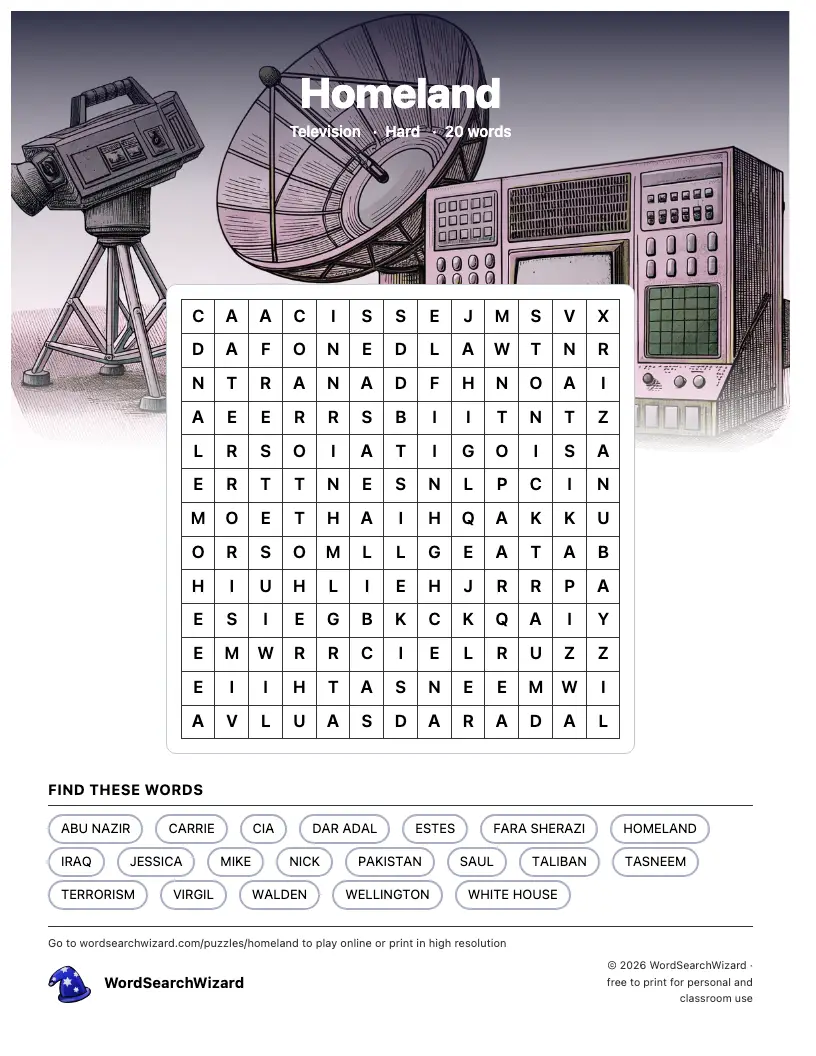 Homeland word search printable sheet, 20 words to find