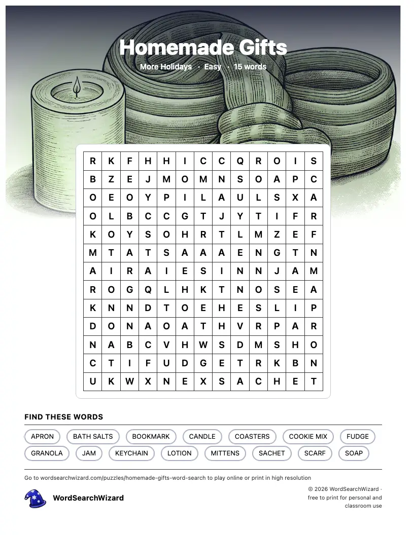 Homemade Gifts word search printable sheet, 15 words to find