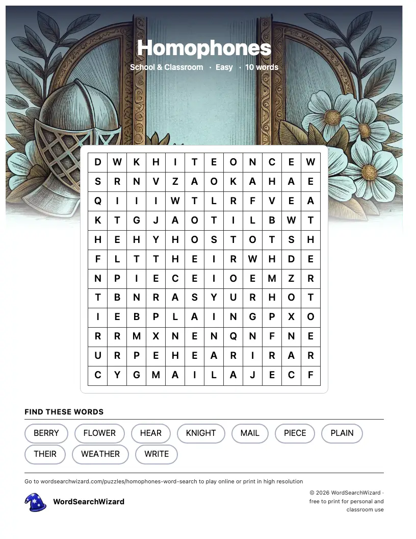 Homophones word search printable sheet, 10 words to find
