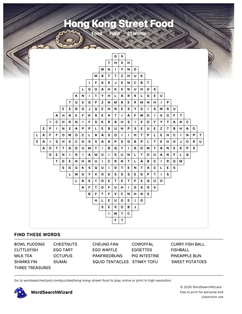 Hong Kong Street Food word search printable sheet, 21 words to find