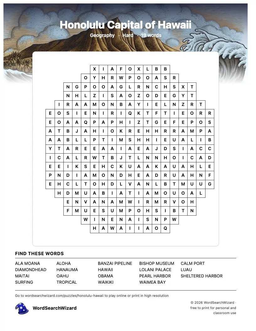 Honolulu Capital of Hawaii word search printable sheet, 19 words to find
