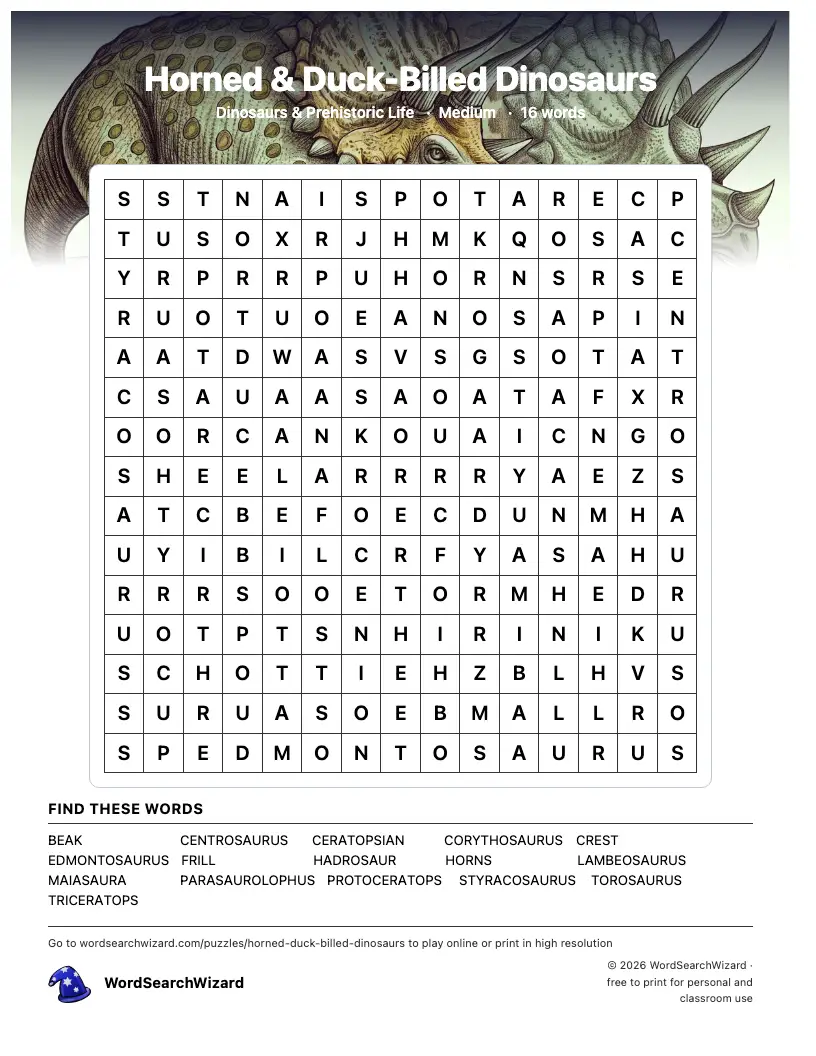 Horned & Duck-Billed Dinosaurs word search printable sheet, 16 words to find