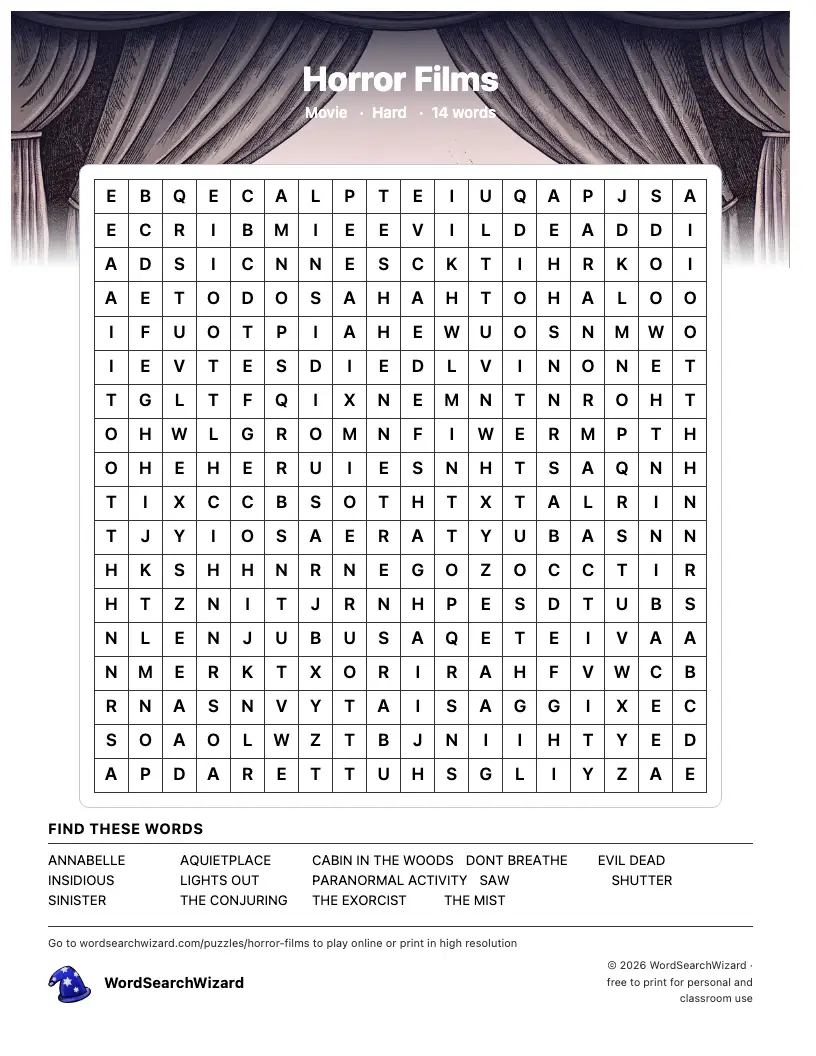 Horror Films word search printable sheet, 14 words to find