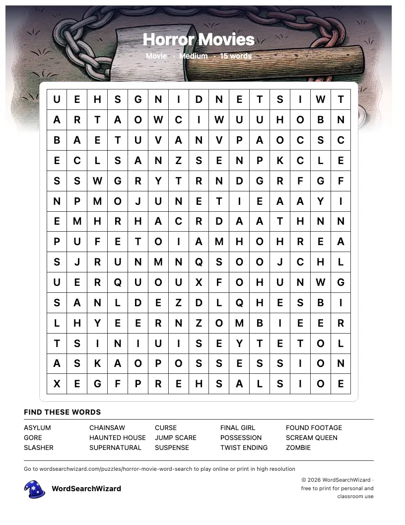 Horror Movies word search printable sheet, 15 words to find