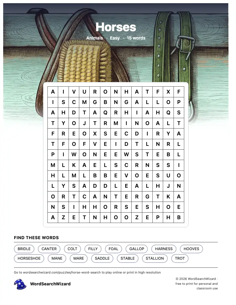Horses word search printable sheet, 15 words to find