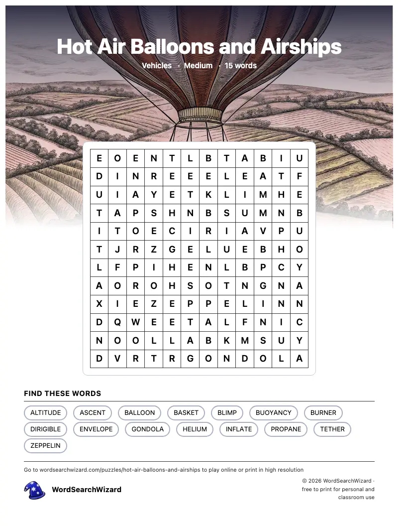 Hot Air Balloons and Airships word search printable sheet, 15 words to find
