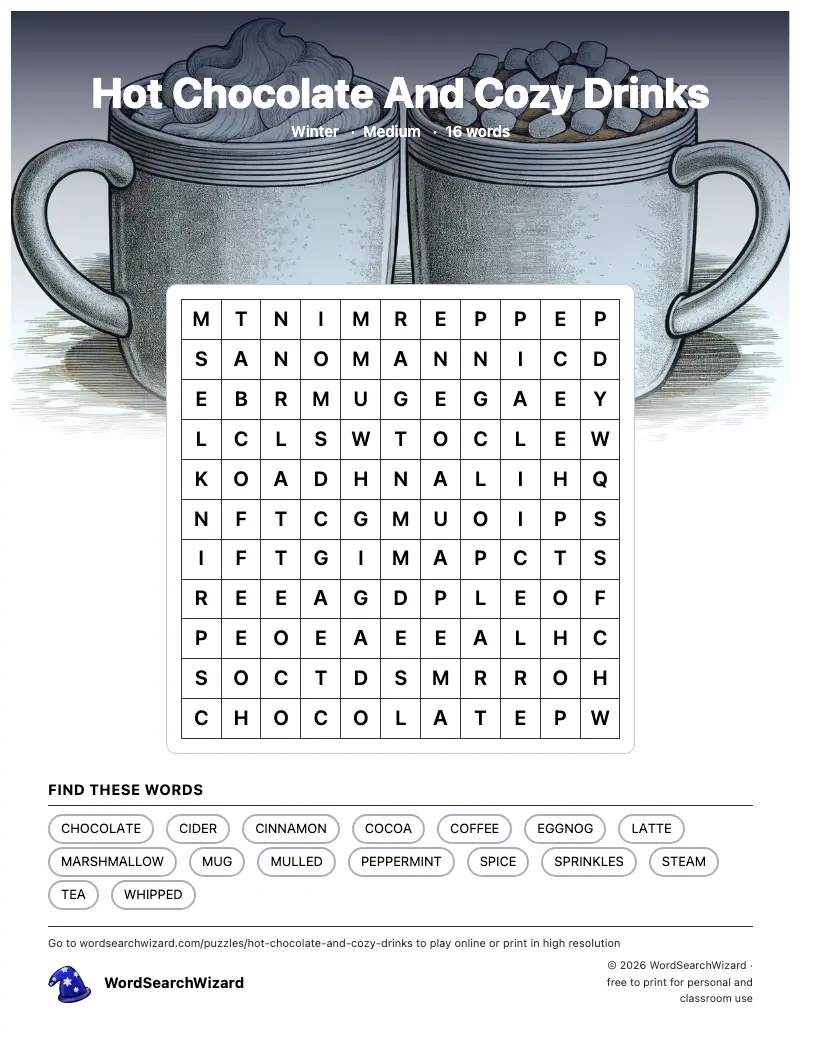 Hot Chocolate And Cozy Drinks word search printable sheet, 16 words to find