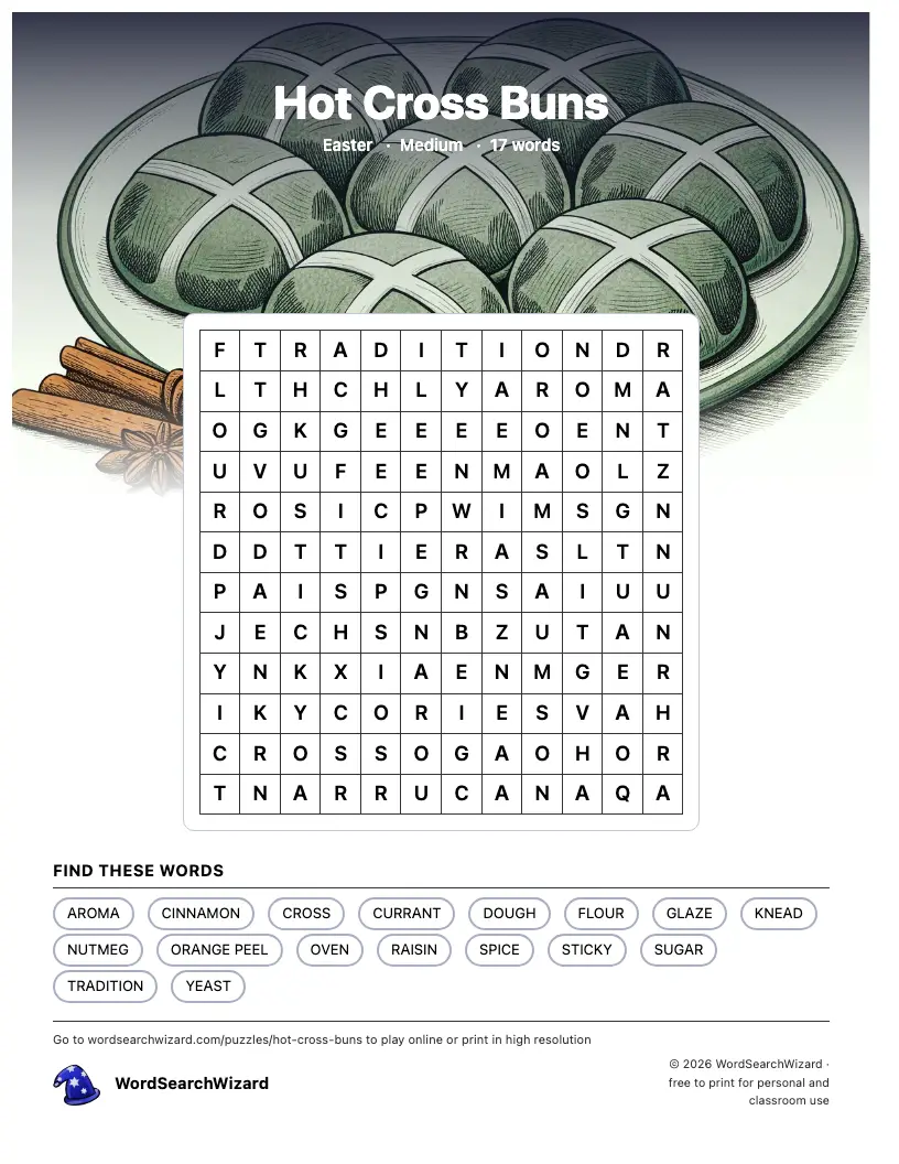 Hot Cross Buns word search printable sheet, 17 words to find