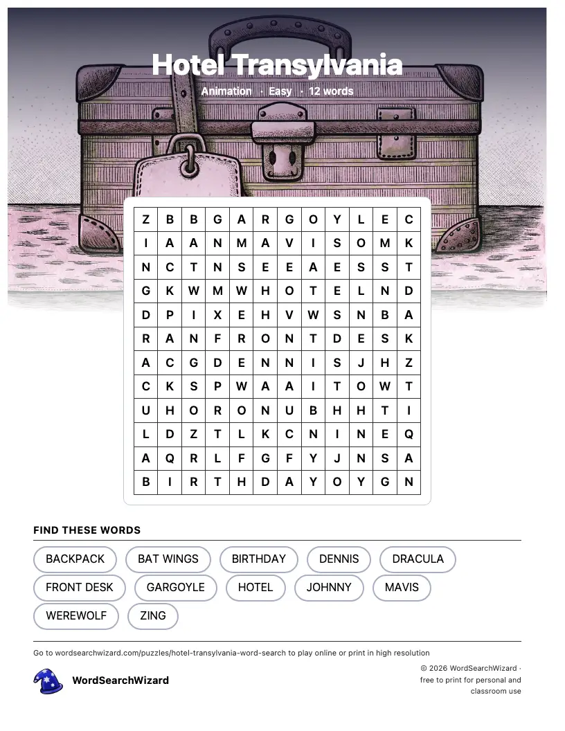 Hotel Transylvania word search printable sheet, 12 words to find