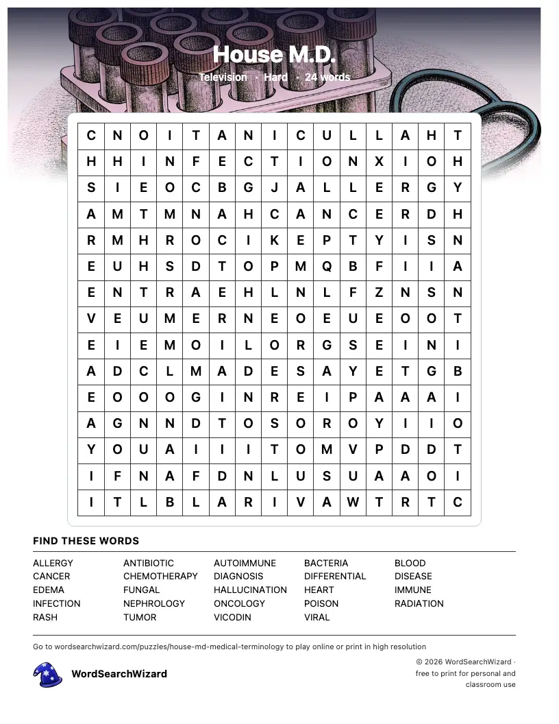 House M.D. word search printable sheet, 24 words to find