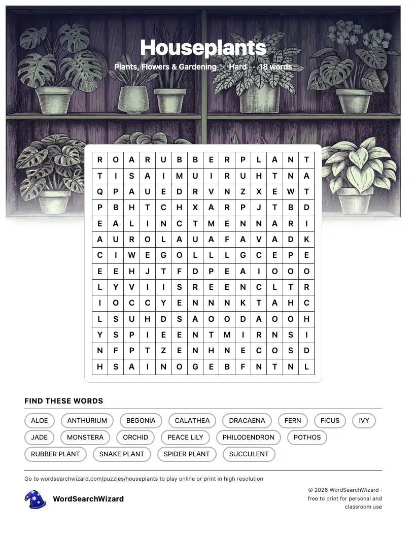 Houseplants word search printable sheet, 18 words to find