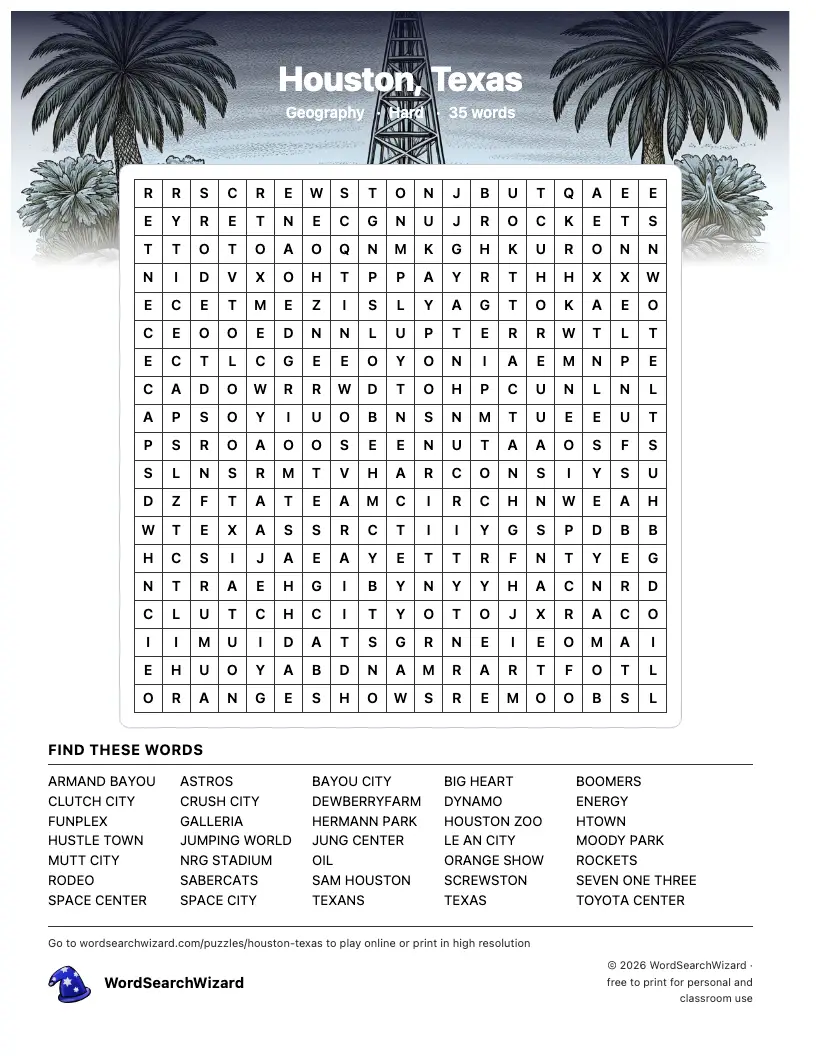 Houston, Texas word search printable sheet, 35 words to find