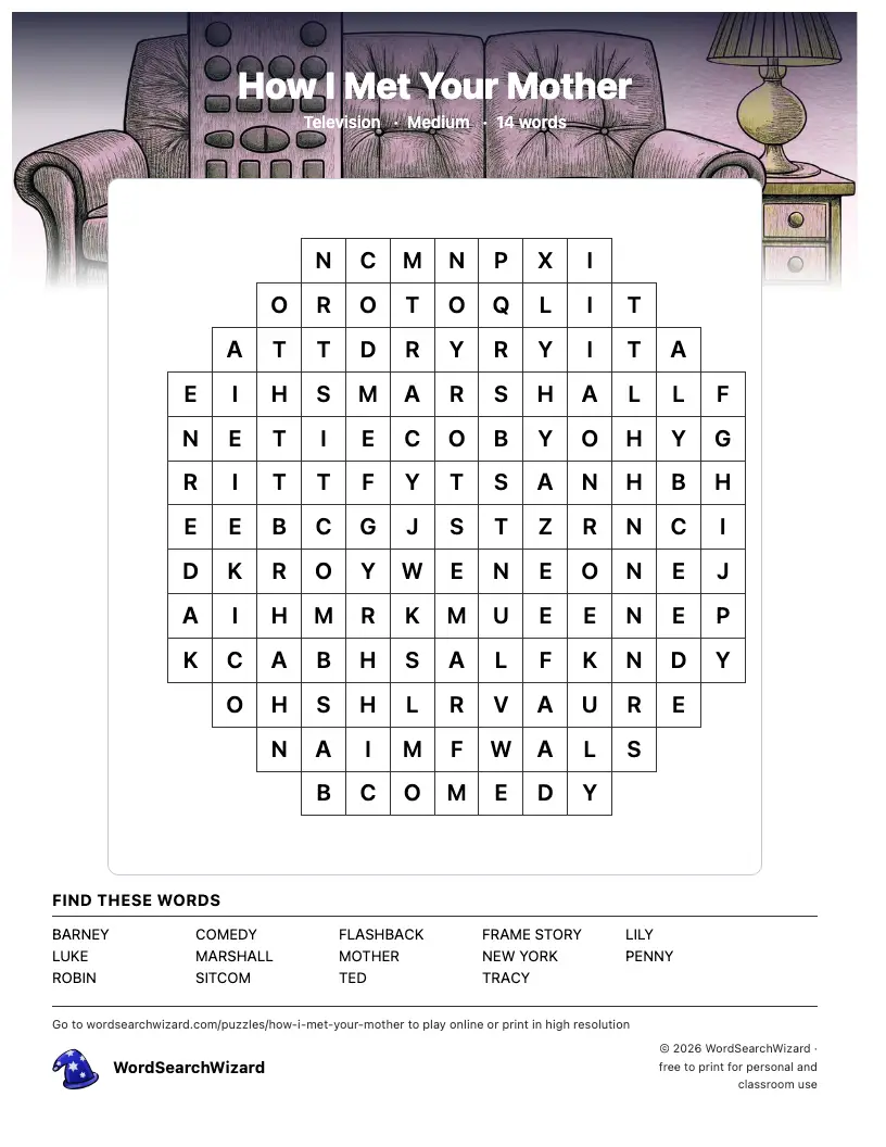 How I Met Your Mother word search printable sheet, 14 words to find
