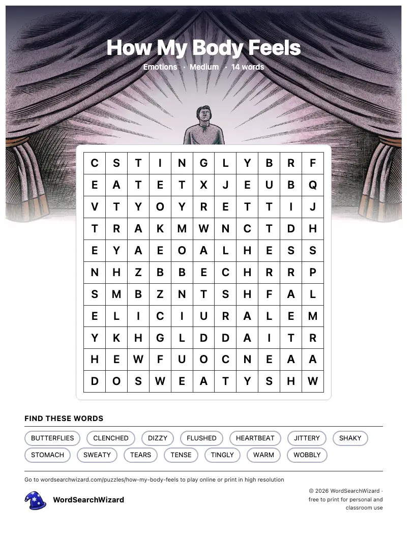 How My Body Feels word search printable sheet, 14 words to find